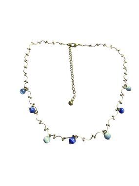 Dainty Silvertone Choker Collar Necklace 2 Tone Blue Cat's Eye Beads 13-16 inch